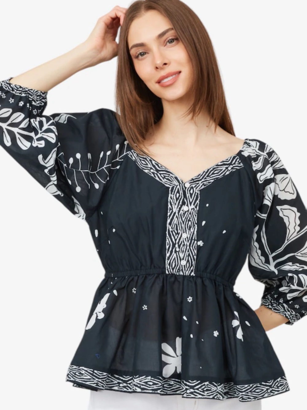 Parker & Rowe Puff Sleeve Poplin Cotton Black & White Peasant Babydoll Blouse
